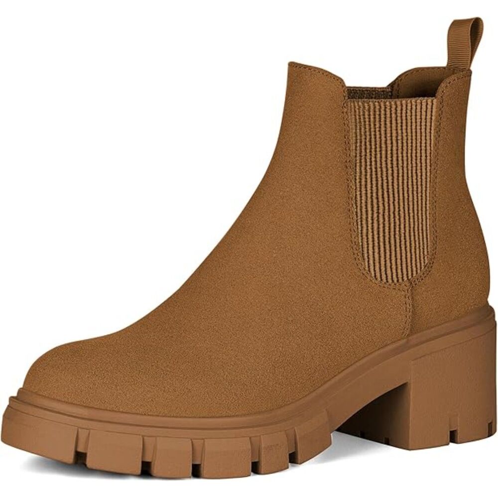 Women's Brown Lug Sole Chunky Heel Slip on Elastic Ankle Chelsea Booties - Picture 2 of 5